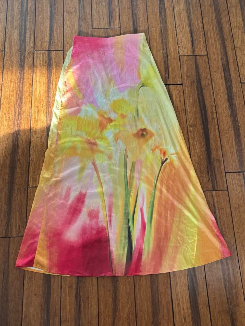 Pink and yellow floral maxi skirt with abstract floral design
